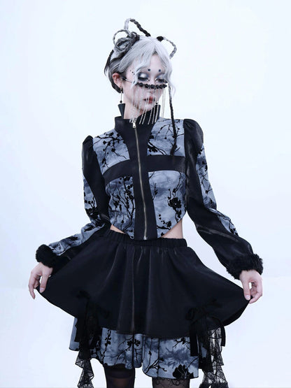 Virtual Orbit Embroidered Plum Blossom Tie Dye Lace Layered Mini Skirt