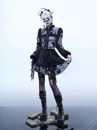 Virtual Orbit Embroidered Plum Blossom Tie Dye Lace Layered Mini Skirt