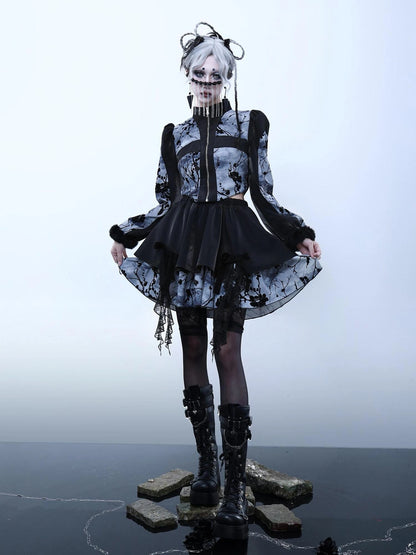 Virtual Orbit Embroidered Plum Blossom Tie Dye Lace Layered Mini Skirt