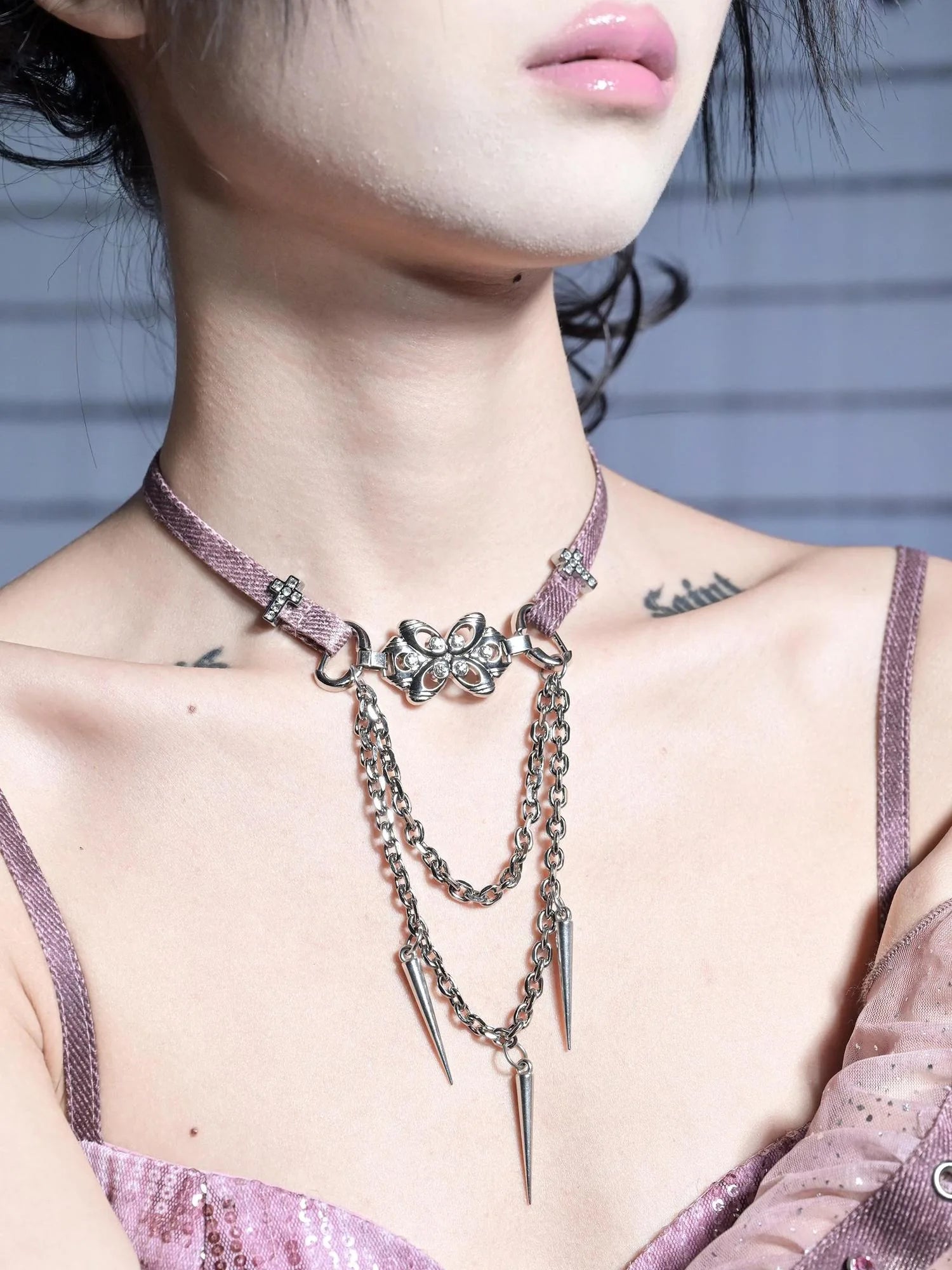 Eroded Heart Butterfly Choker Necklace