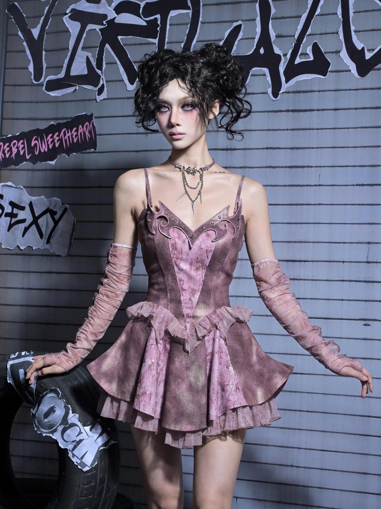 Virtual Orbit Eroded Heart Butterfly Punk Denim Mini Dress V-neck Long Sleeve