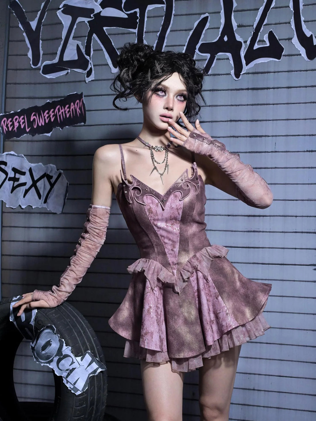 Virtual Orbit Eroded Heart Butterfly Punk Denim Mini Dress V-neck Long Sleeve