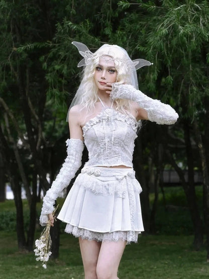 Virtual Orbit Floral Lace Camisole Pleated Skirt Set