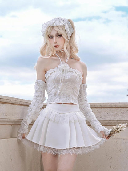 Virtual Orbit Floral Lace Camisole Pleated Skirt Set