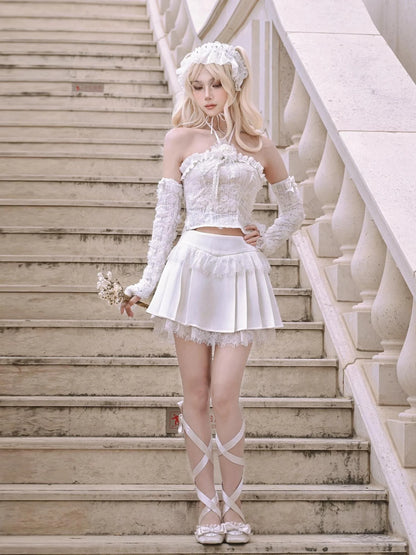 Virtual Orbit Floral Lace Camisole Pleated Skirt Set