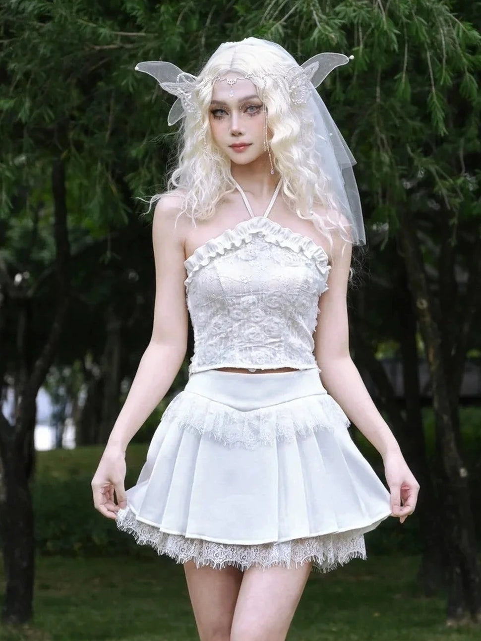 Virtual Orbit Floral Lace Camisole Pleated Skirt Set