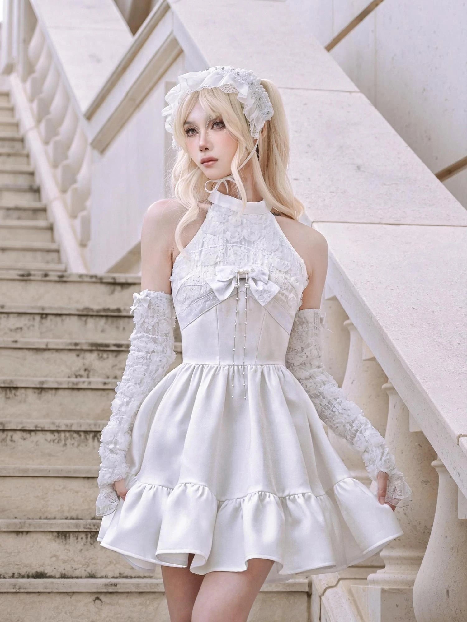 Virtual Orbit Floral Lace Halter Neck Flared Dress