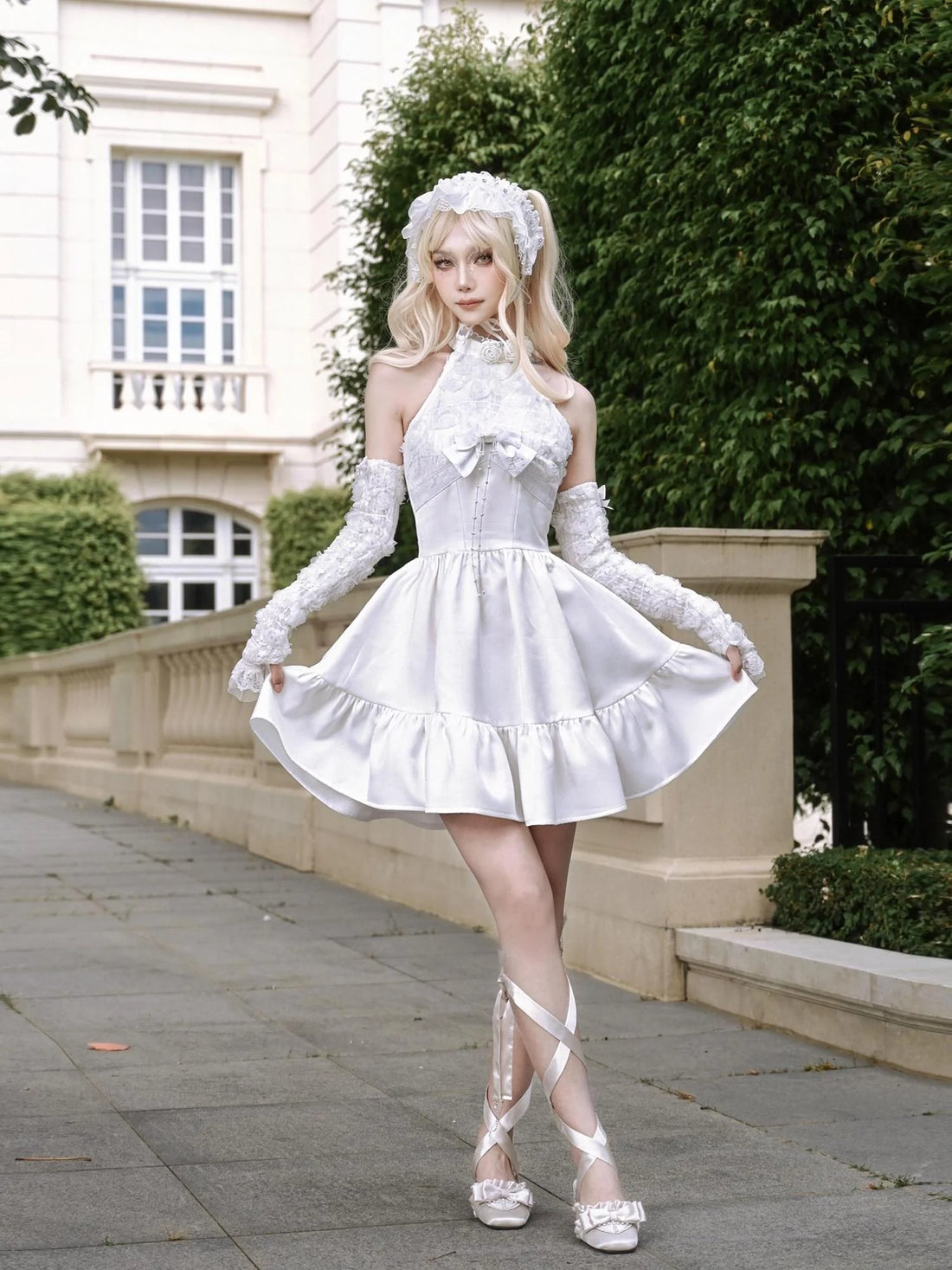 Virtual Orbit Floral Lace Halter Neck Flared Dress