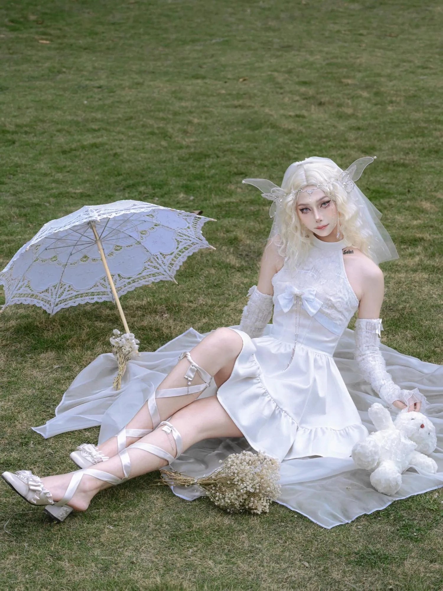 Virtual Orbit Floral Lace Halter Neck Flared Dress