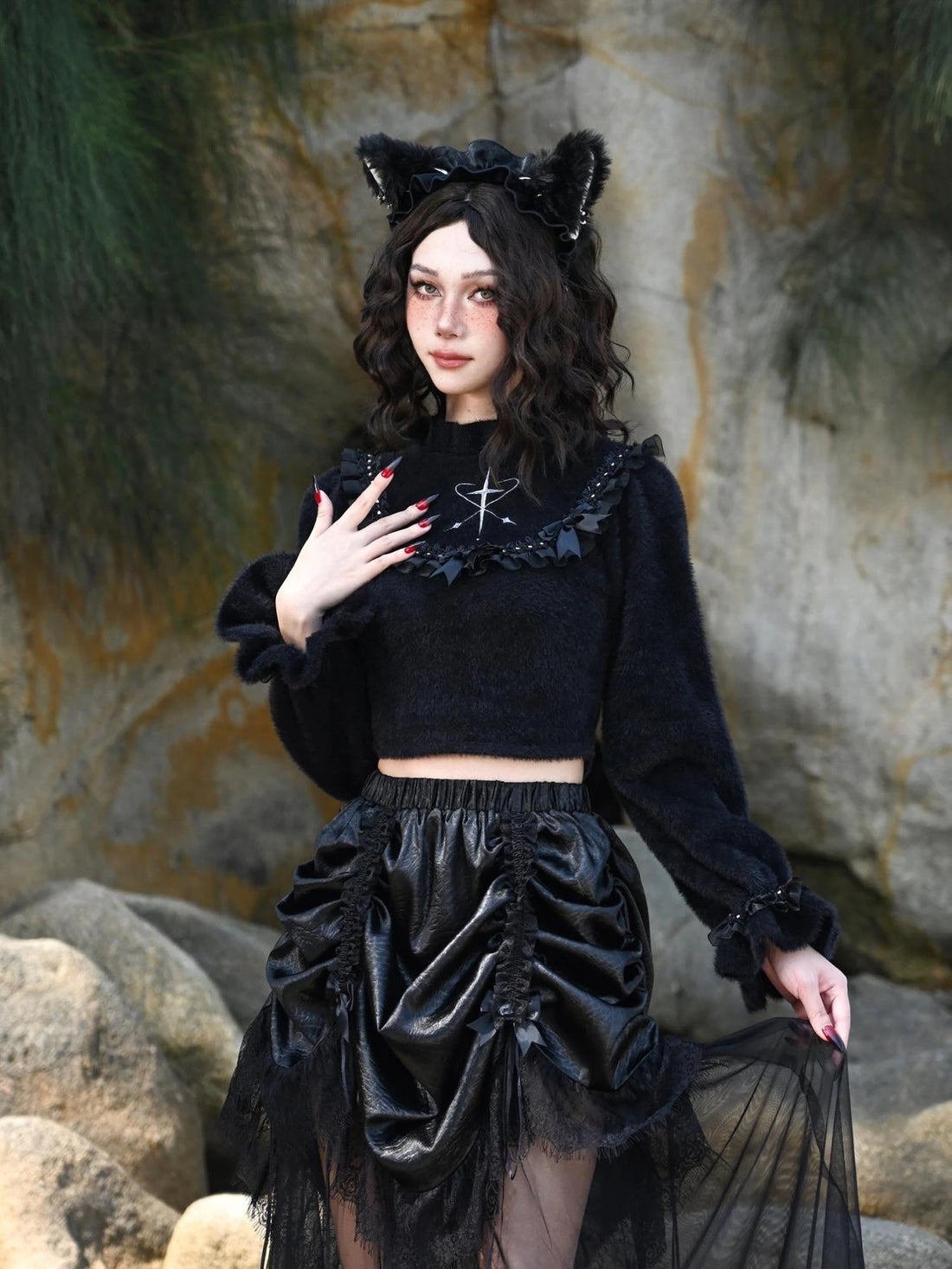 Virtual Orbit Flowy Black White Bow Lace Knit Sweater
