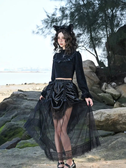 Virtual Orbit Flowy Black White Bow Lace Knit Sweater