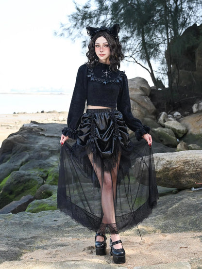 Virtual Orbit Flowy Black White Bow Lace Knit Sweater