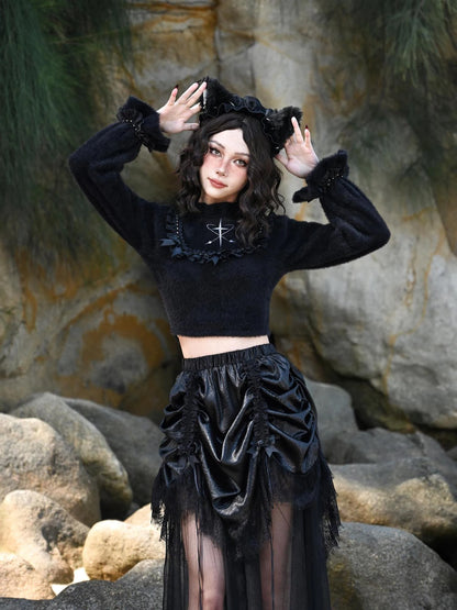 Virtual Orbit Flowy Black White Bow Lace Knit Sweater