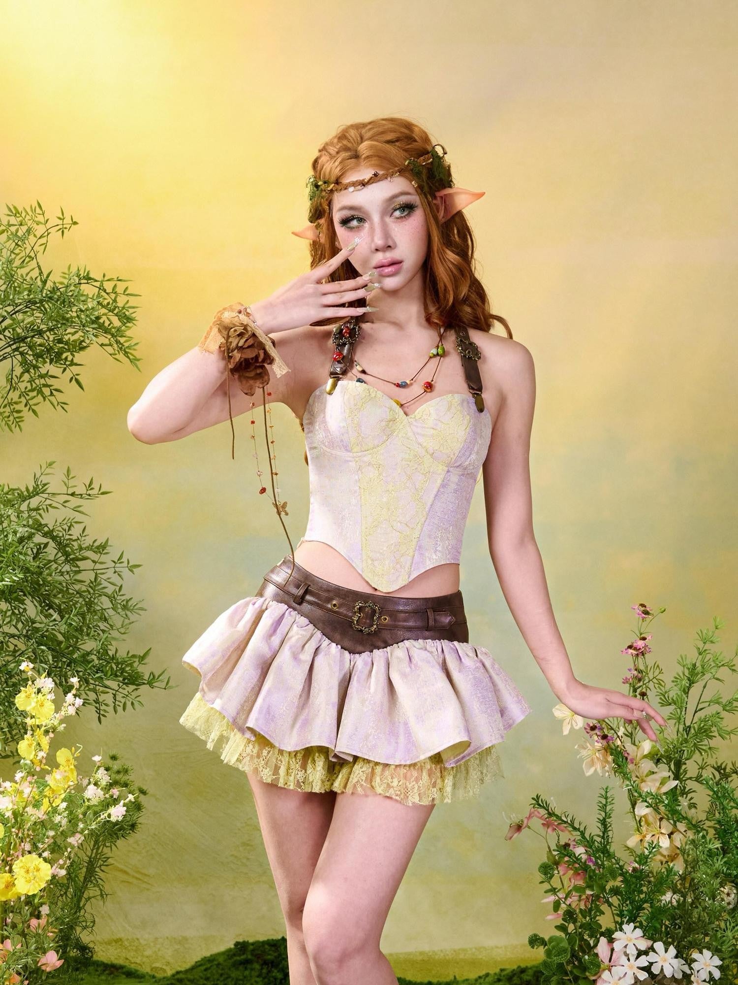 Virtual Orbit Forest Fairy Ruching Patchwork Pleated Low Waist Women&