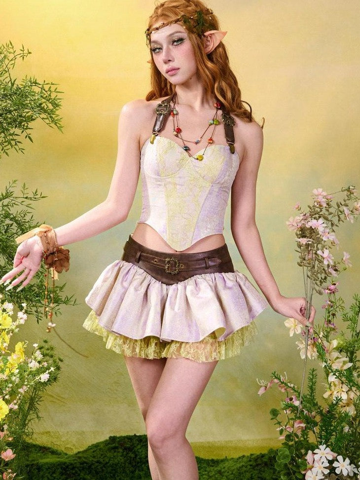 Virtual Orbit Forest Fairy Ruching Patchwork Pleated Low Waist Women&