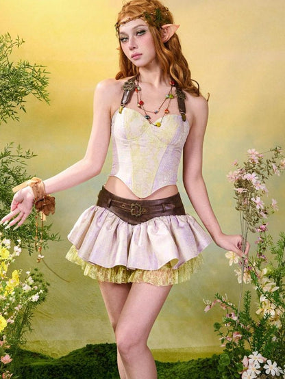 Virtual Orbit Forest Fairy Ruching Patchwork Pleated Low Waist Women&