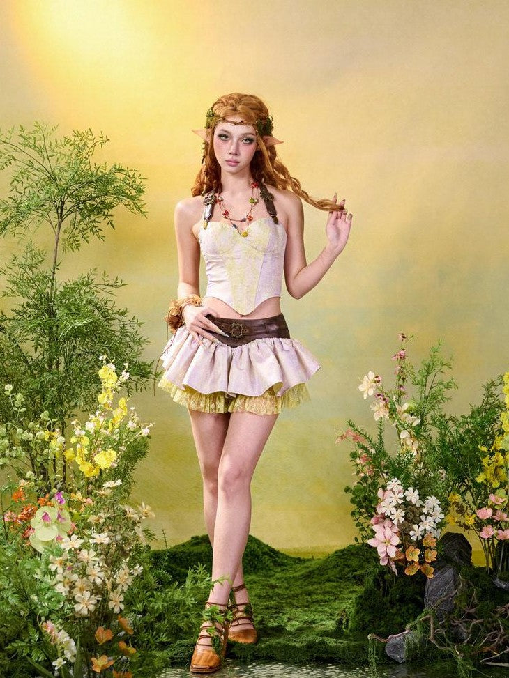 Virtual Orbit Forest Fairy Ruching Patchwork Pleated Low Waist Women&