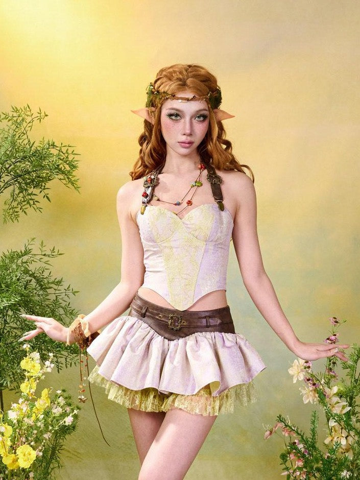Virtual Orbit Forest Fairy Ruching Patchwork Pleated Low Waist Women&
