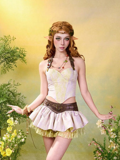 Virtual Orbit Forest Fairy Ruching Patchwork Pleated Low Waist Women&