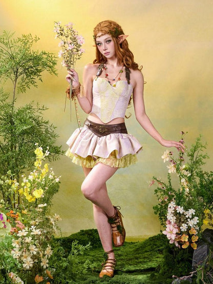 Virtual Orbit Forest Fairy Ruching Patchwork Pleated Low Waist Women&