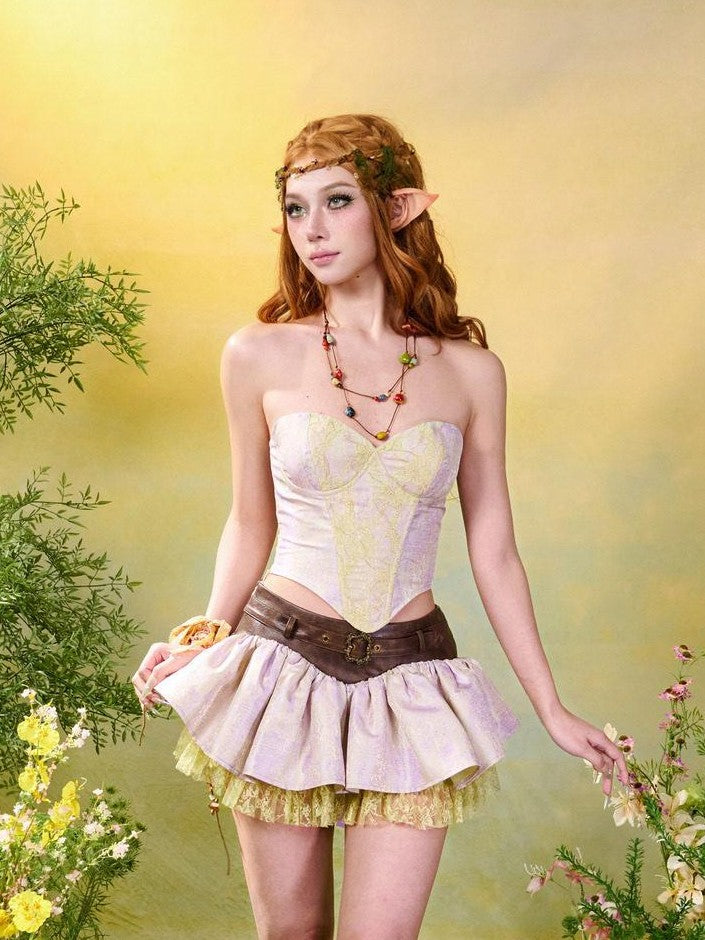 Virtual Orbit Forest Fairy Ruching Patchwork Pleated Low Waist Women&