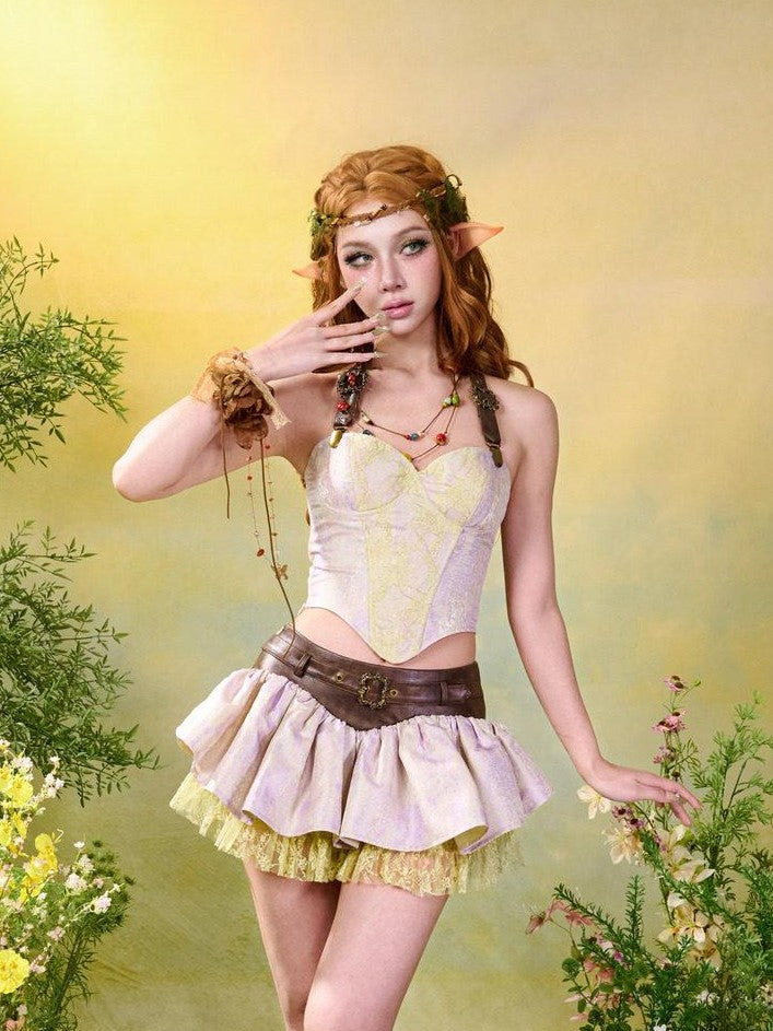 Virtual Orbit Forest Fairy Ruching Patchwork Pleated Low Waist Women&