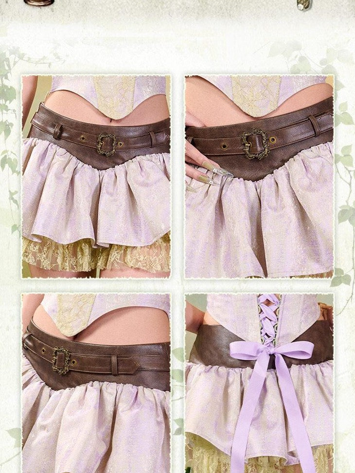 Virtual Orbit Forest Fairy Ruching Patchwork Pleated Low Waist Women&