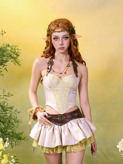 Virtual Orbit Forest Fairy Ruching Patchwork Pleated Low Waist Women&