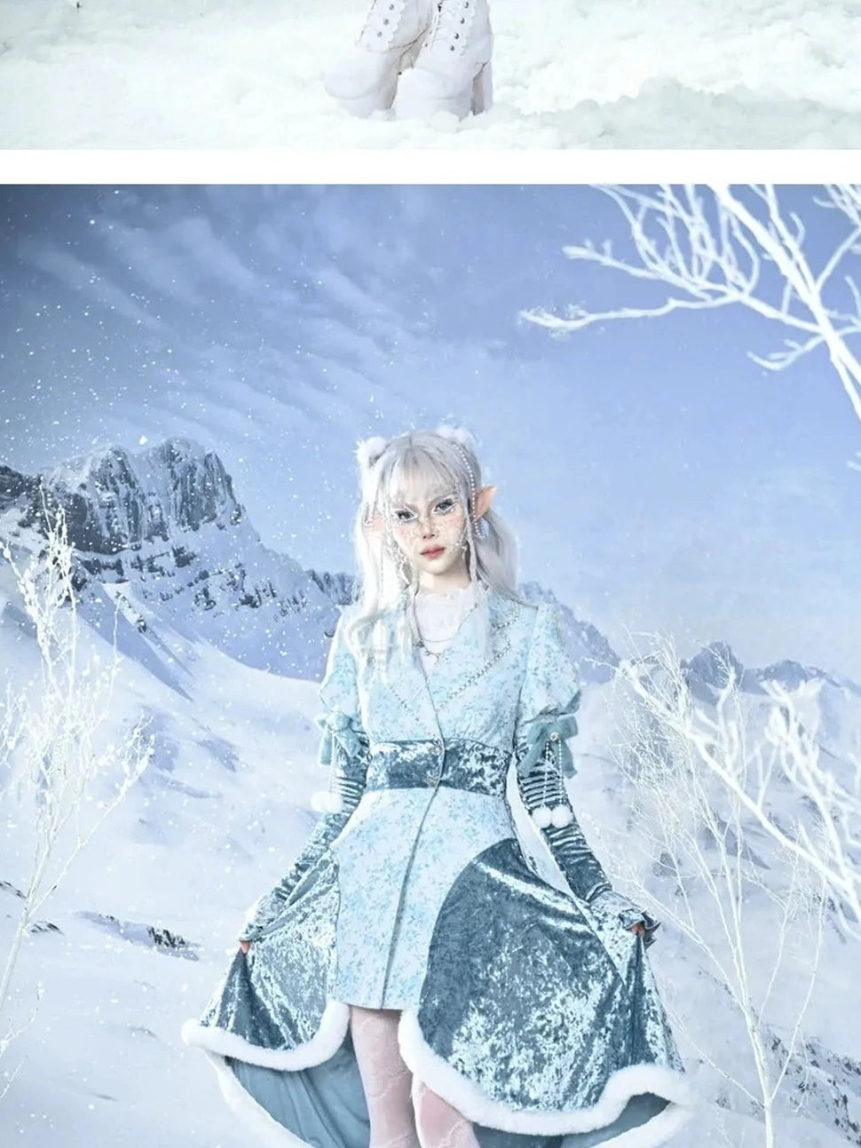 Virtual Orbit Frozen Illusion Velvet Blazer Dress With Floral Lace