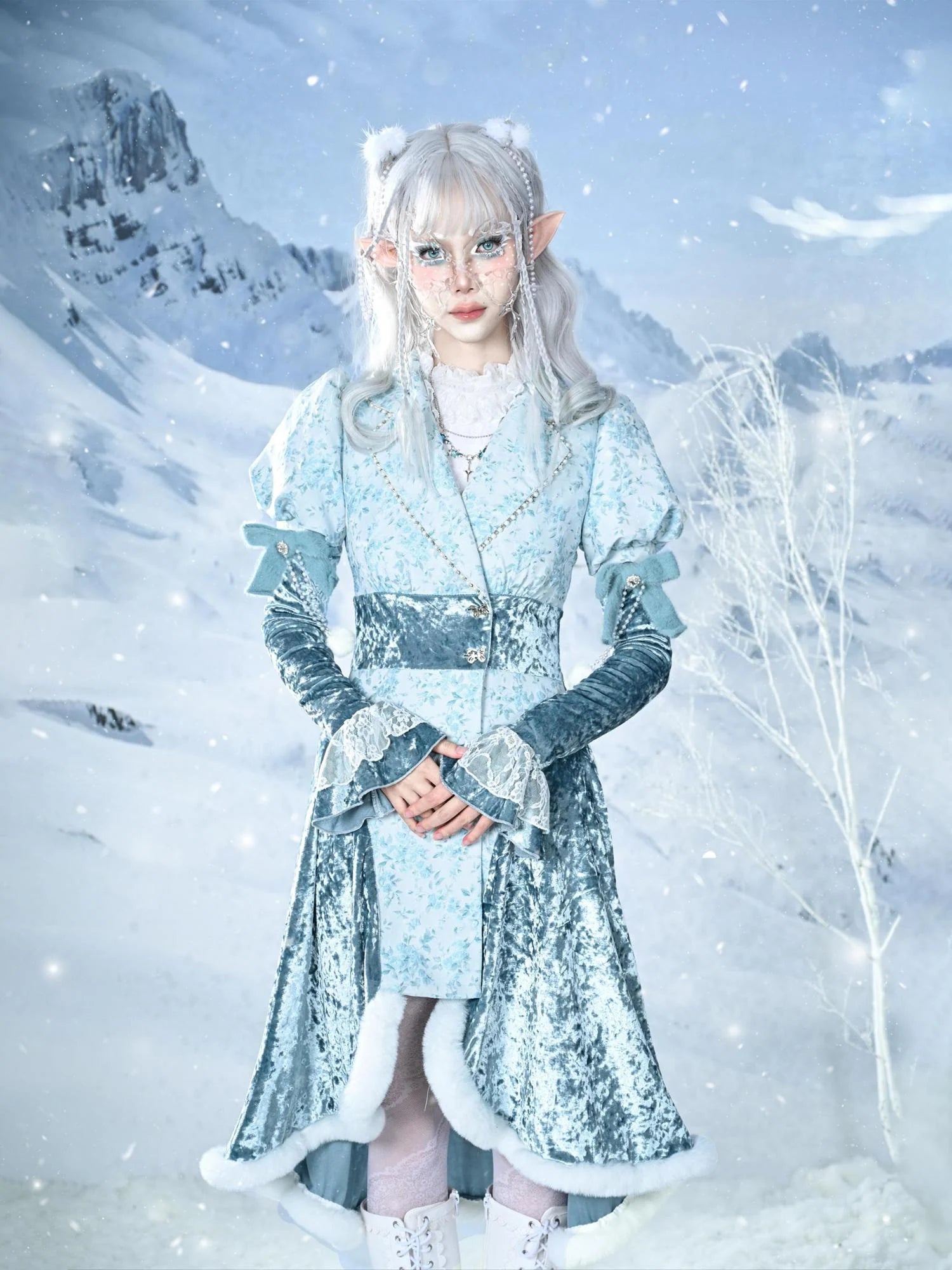 Virtual Orbit Frozen Illusion Velvet Blazer Dress With Floral Lace