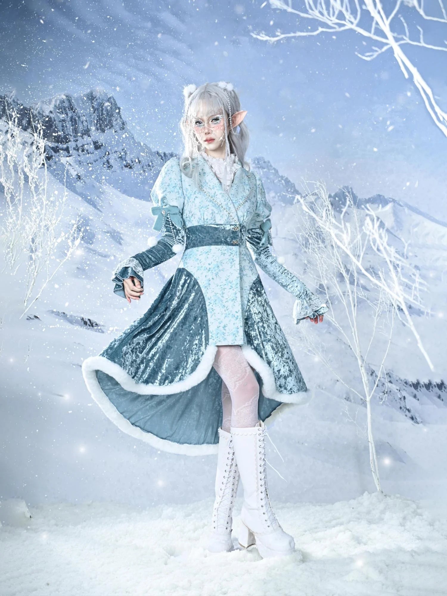 Virtual Orbit Frozen Illusion Velvet Blazer Dress With Floral Lace