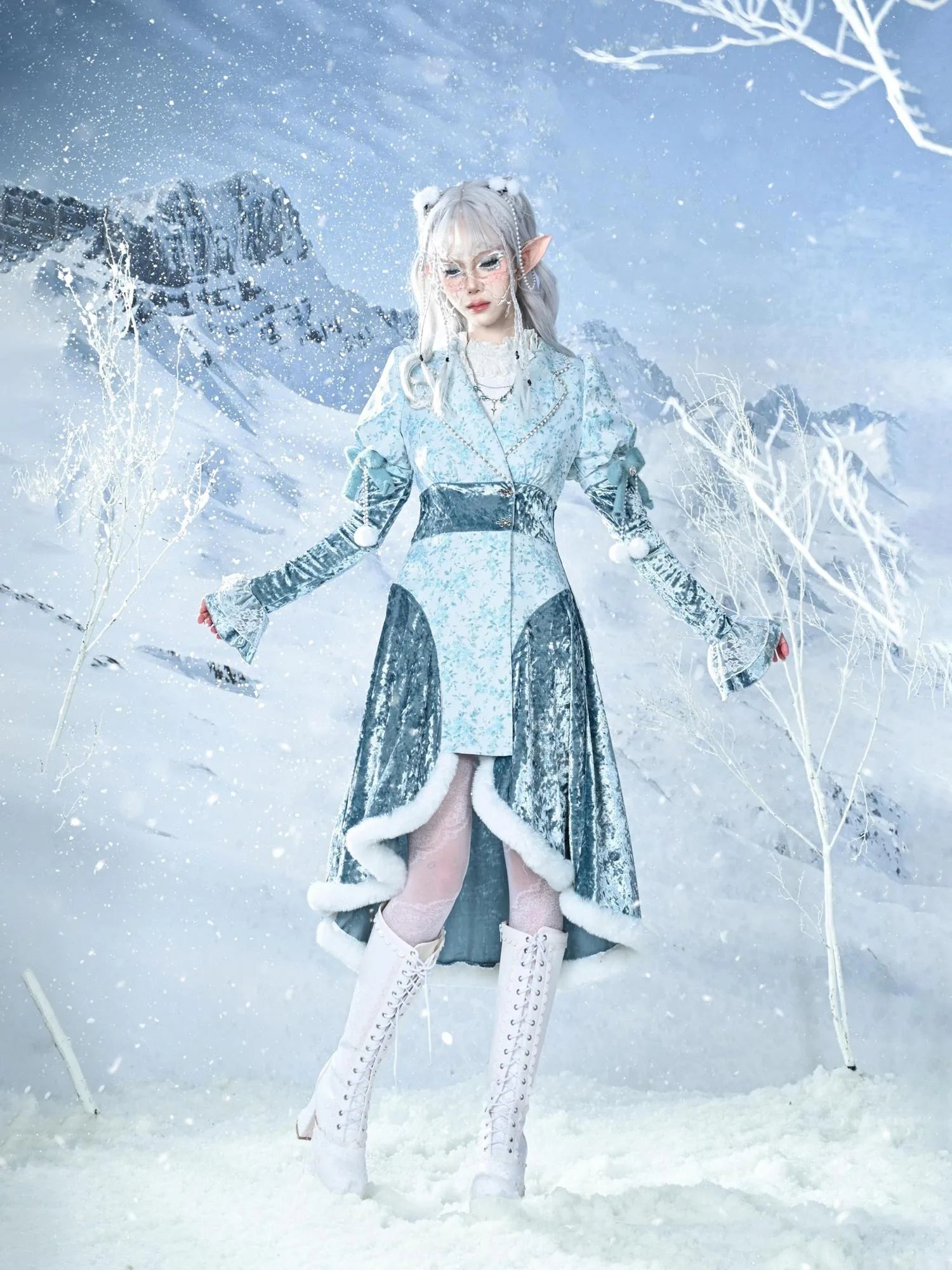 Virtual Orbit Frozen Illusion Velvet Blazer Dress With Floral Lace