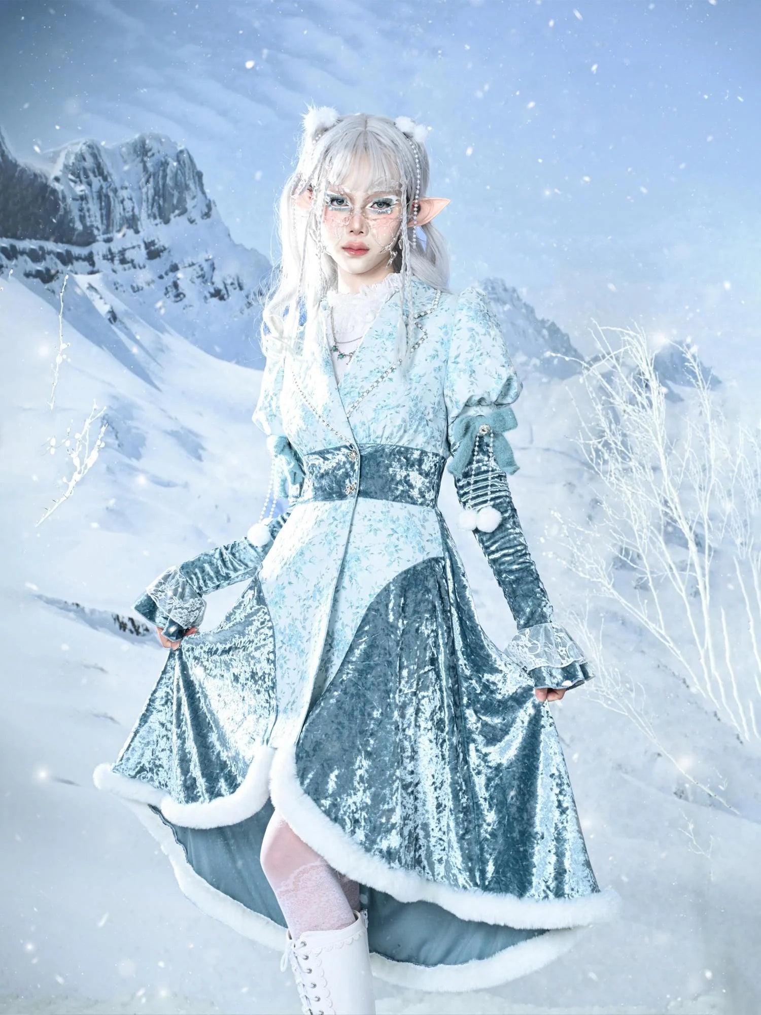 Virtual Orbit Frozen Illusion Velvet Blazer Dress With Floral Lace