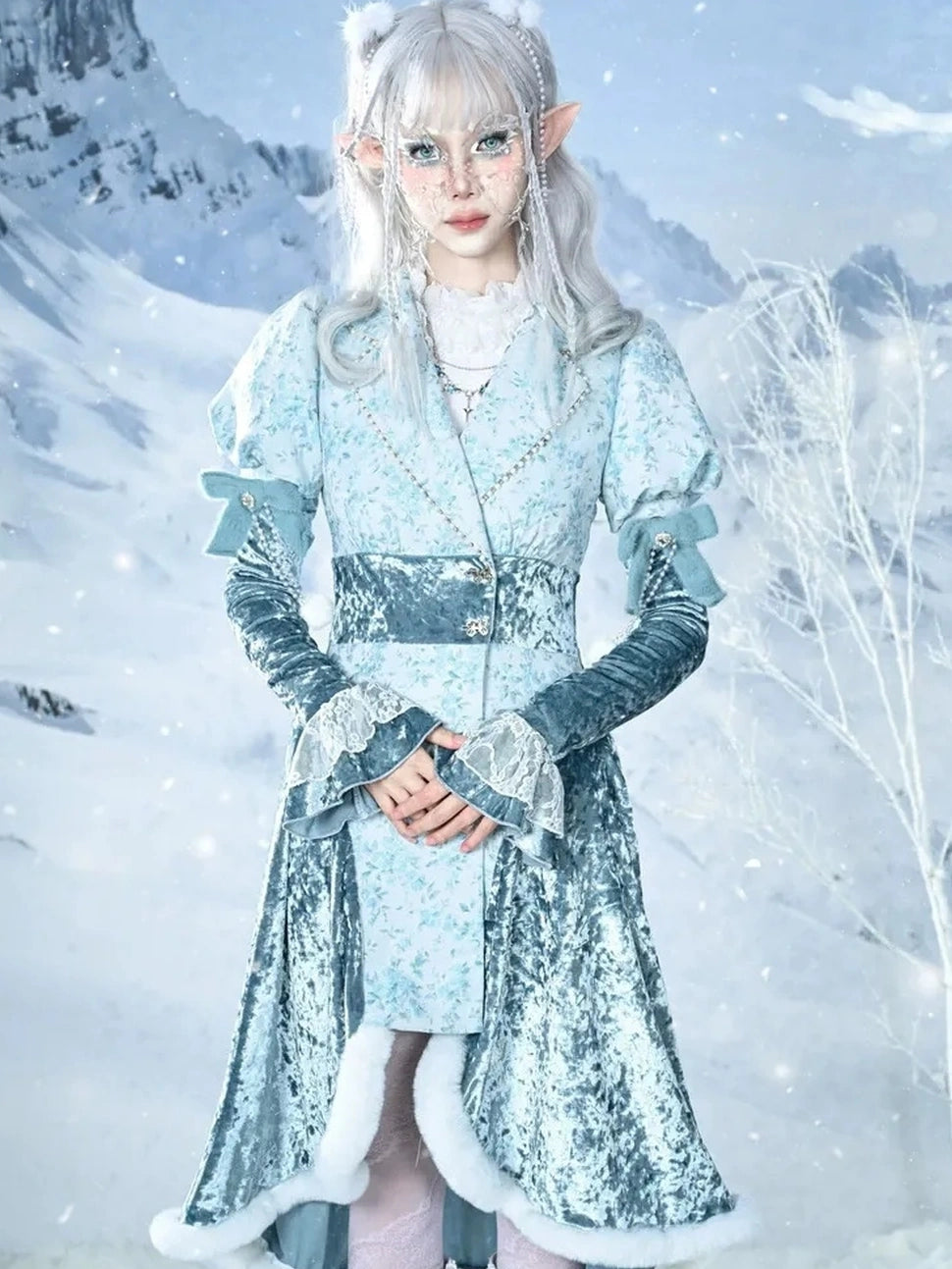 Virtual Orbit Frozen Illusion Velvet Blazer Dress With Floral Lace