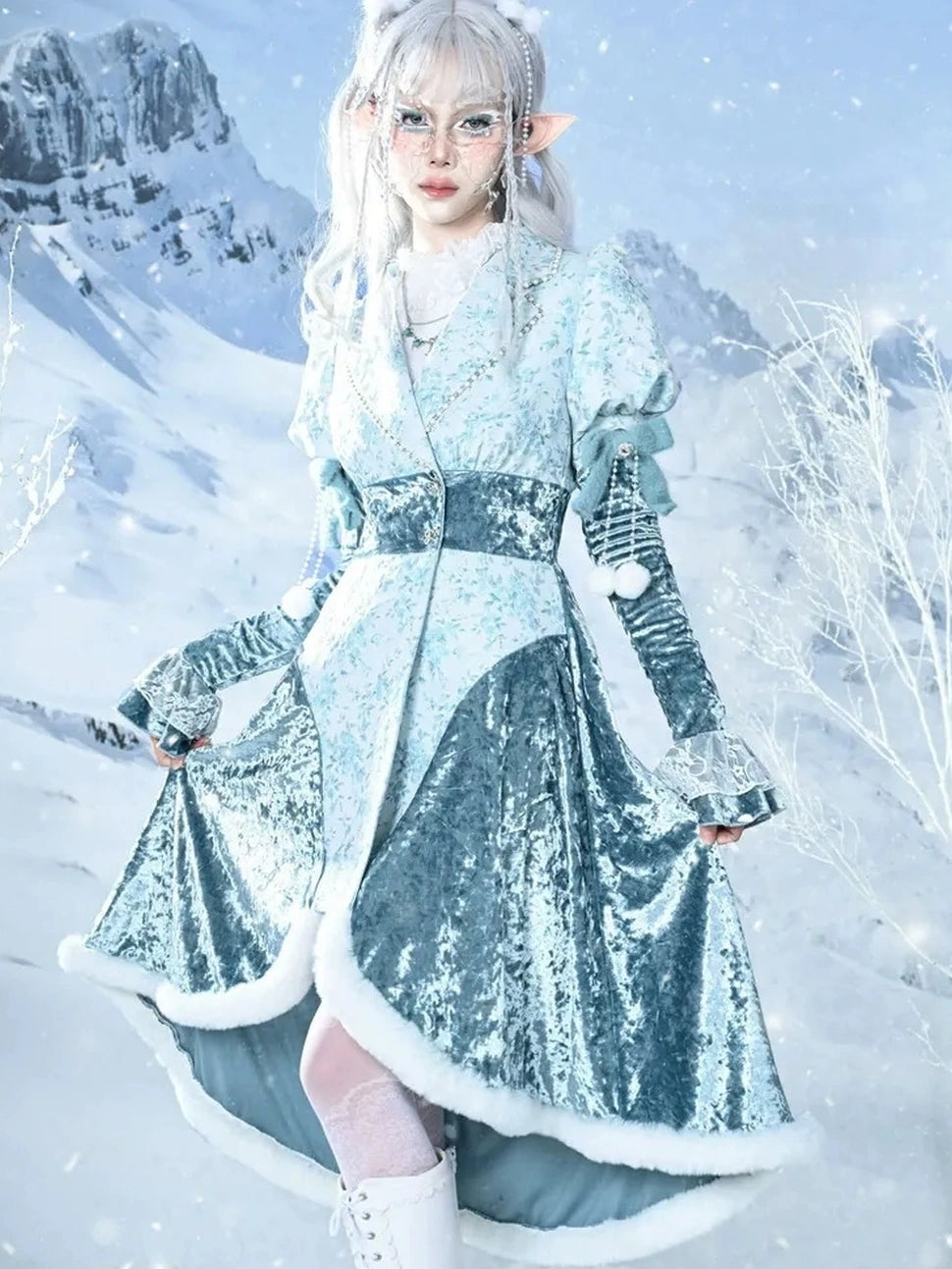 Virtual Orbit Frozen Illusion Velvet Blazer Dress With Floral Lace