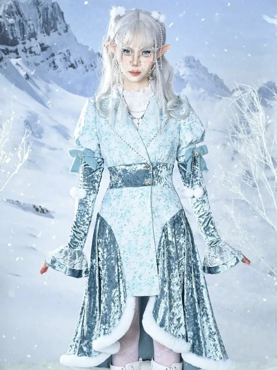 Virtual Orbit Frozen Illusion Velvet Blazer Dress With Floral Lace