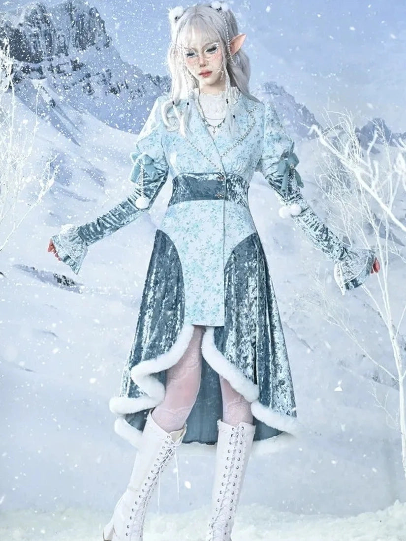 Virtual Orbit Frozen Illusion Velvet Blazer Dress With Floral Lace