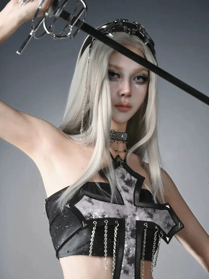 Virtual Orbit Future Y3 K Cross Studded Chain Glitter Crop Top