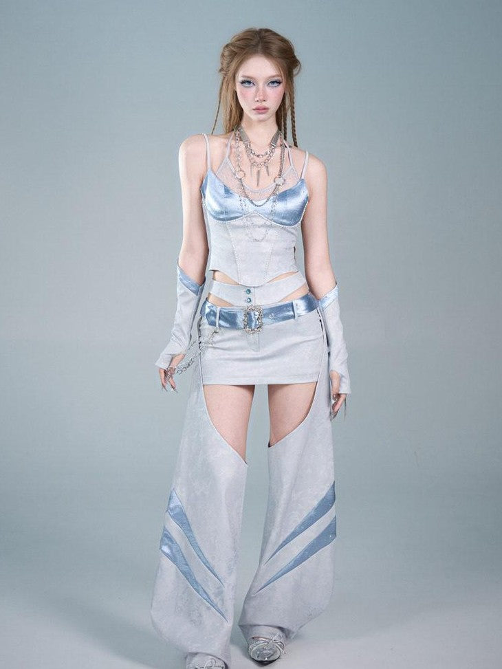 Virtual Orbit Futuristic Blue Lace Trim Faux Layered V-neck Slim Women&