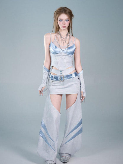 Virtual Orbit Futuristic Blue Lace Trim Faux Layered V-neck Slim Women&