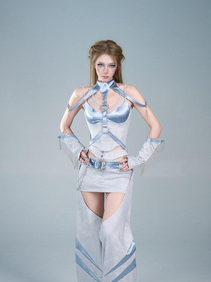Virtual Orbit Futuristic Blue Lace Trim Faux Layered V-neck Slim Women&