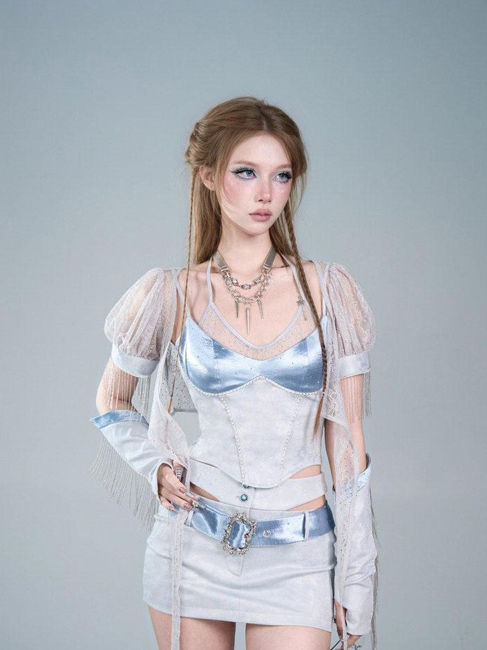 Virtual Orbit Futuristic Blue Lace Trim Faux Layered V-neck Slim Women&