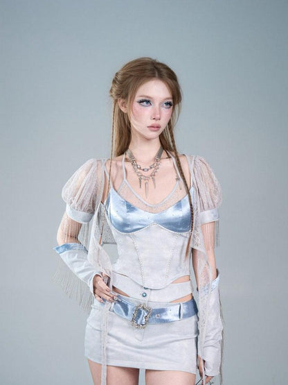 Virtual Orbit Futuristic Blue Lace Trim Faux Layered V-neck Slim Women&