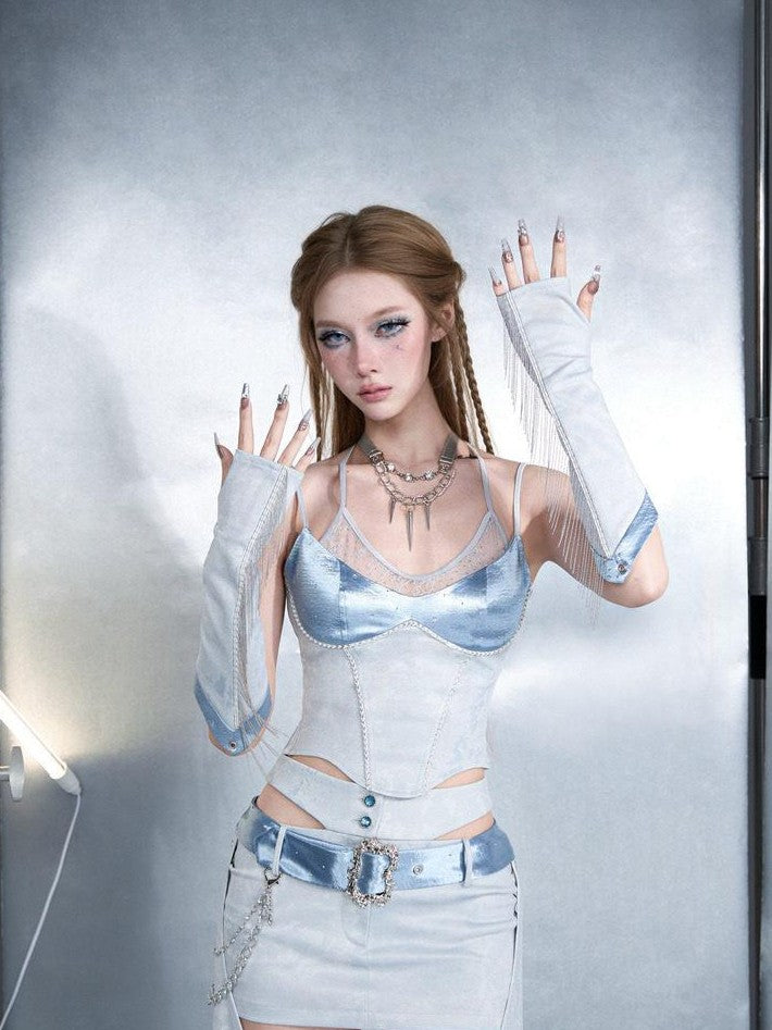 Virtual Orbit Futuristic Blue Lace Trim Faux Layered V-neck Slim Women&