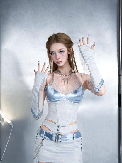 Virtual Orbit Futuristic Blue Lace Trim Faux Layered V-neck Slim Women&