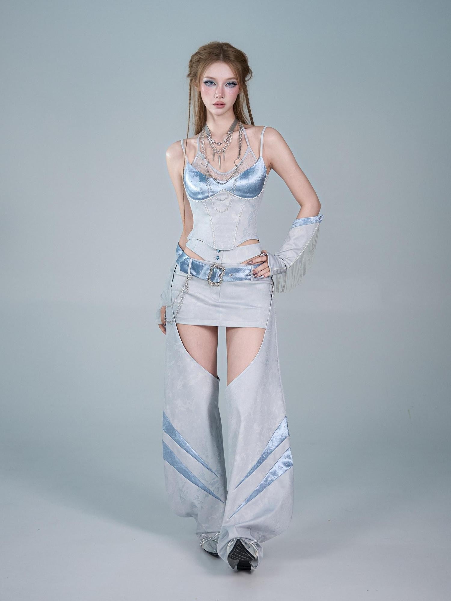 Virtual Orbit Futuristic Blue Lace Trim Faux Layered V-neck Slim Women&