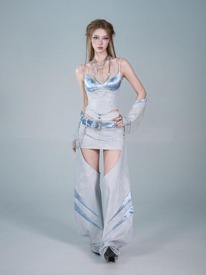 Virtual Orbit Futuristic Blue Lace Trim Faux Layered V-neck Slim Women&