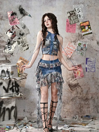 Virtual Orbit Glimmer Butterfly Y2K Asymmetrical Ruffle Pu Mini Skirt