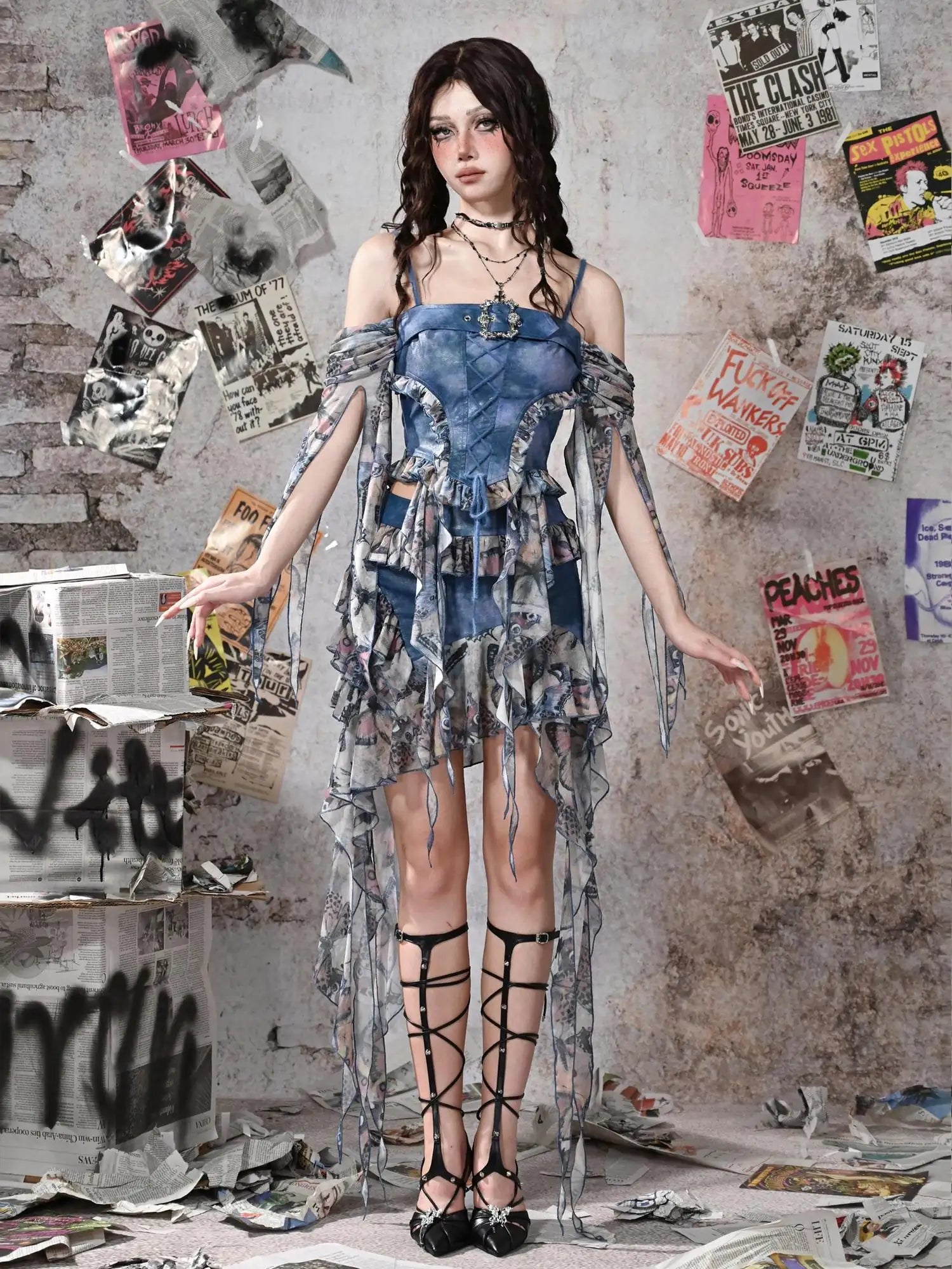 Virtual Orbit Glimmer Butterfly Y2K Asymmetrical Ruffle Pu Mini Skirt