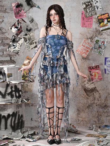 Virtual Orbit Glimmer Butterfly Y2K Asymmetrical Ruffle Pu Mini Skirt